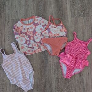 Girls 3T 4T Swim Bundle Pink Coral Rash Guard Pink Gingham and Stripes Swimsuit